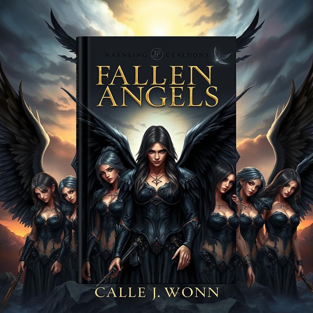 A captivating book cover illustration featuring a group of fallen angels, showcasing their striking and darkly beautiful looks