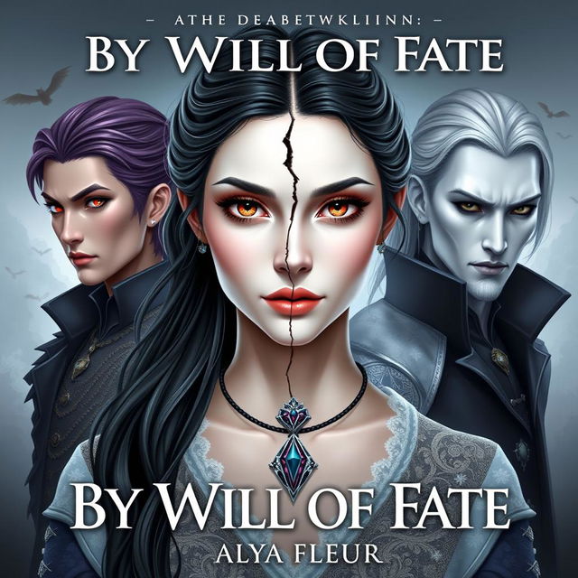 An aesthetic cover for a fantasy book titled "By the Will of Fate", authored by "Alya Fleur"