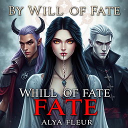 An aesthetic cover for a fantasy book titled "By the Will of Fate", authored by "Alya Fleur"