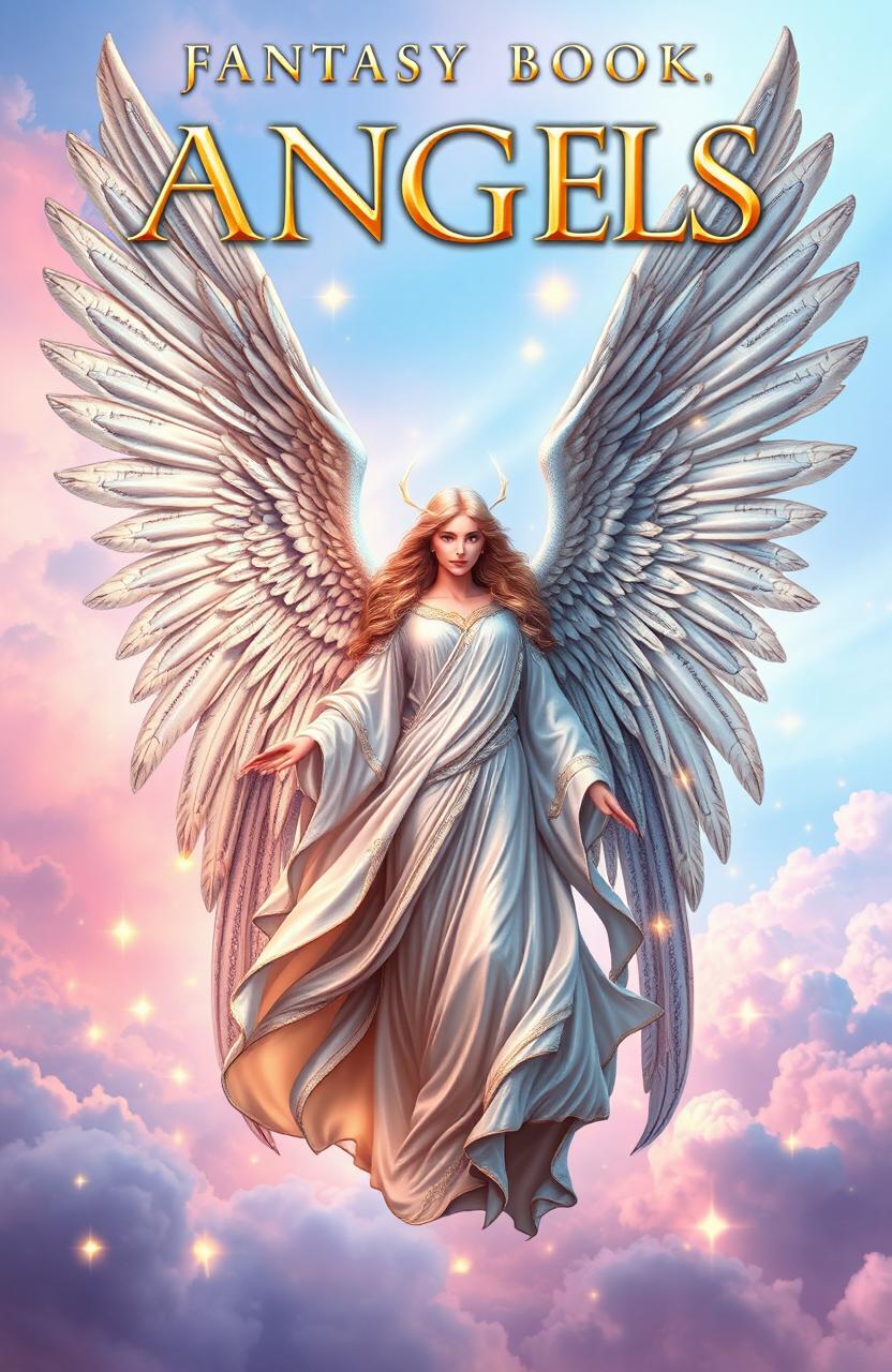 A stunning fantasy book cover featuring a majestic angel with large, intricately detailed wings spread wide