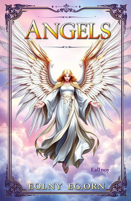 A stunning fantasy book cover featuring a majestic angel with large, intricately detailed wings spread wide