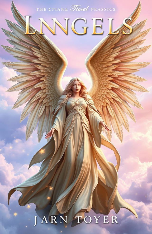 A stunning fantasy book cover featuring a majestic angel with large, intricately detailed wings spread wide