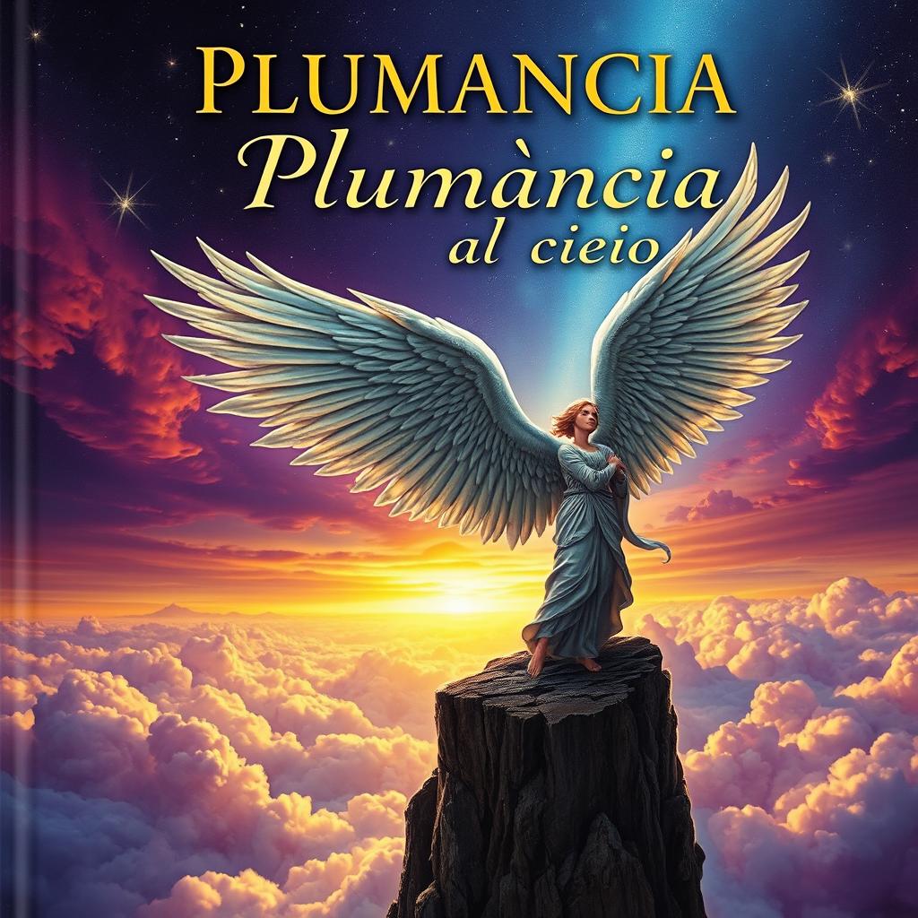 A captivating fantasy book cover for 'Plumancia al ras del cielo' featuring a magnificent angel with grand, intricately detailed wings that exude an aura of grace and strength