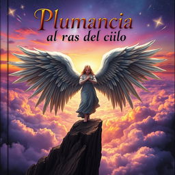 A captivating fantasy book cover for 'Plumancia al ras del cielo' featuring a magnificent angel with grand, intricately detailed wings that exude an aura of grace and strength