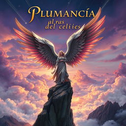 A captivating fantasy book cover for 'Plumancia al ras del cielo' featuring a magnificent angel with grand, intricately detailed wings that exude an aura of grace and strength