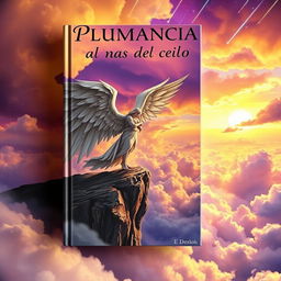 A captivating fantasy book cover for 'Plumancia al ras del cielo' featuring a magnificent angel with grand, intricately detailed wings that exude an aura of grace and strength