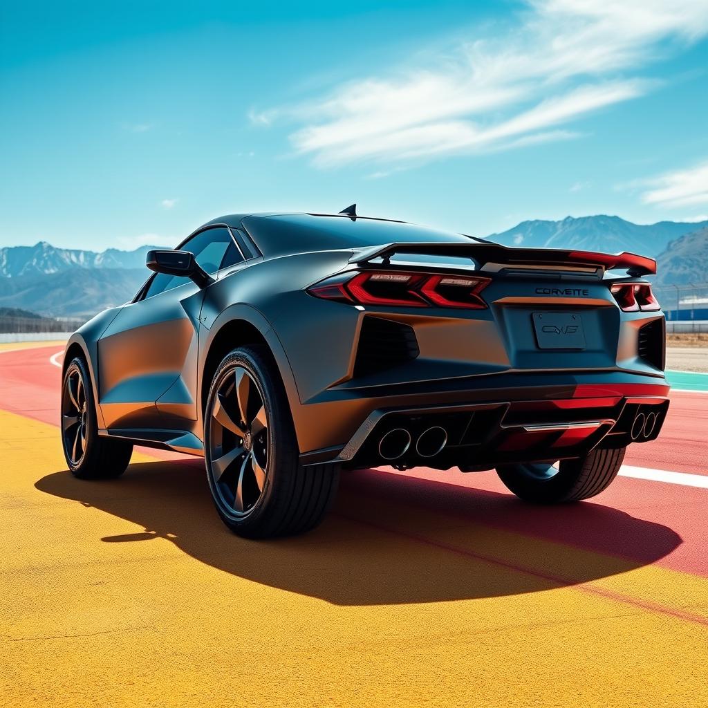 A dynamic and imaginative image of a Corvette C8 transformed into a sleek coupe-SUV hybrid