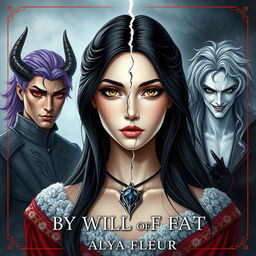 An aesthetic cover for a fantasy book titled "By the Will of Fate", authored by "Alya Fleur"