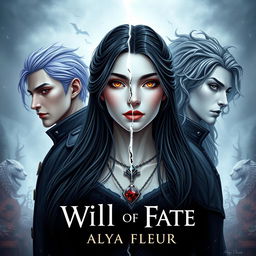 An aesthetic cover for a fantasy book titled "By the Will of Fate", authored by "Alya Fleur"