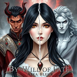 An aesthetic cover for a fantasy book titled "By the Will of Fate", authored by "Alya Fleur"