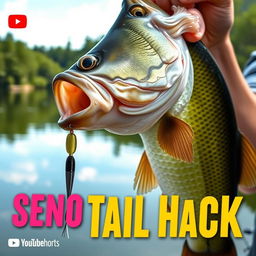 A captivating thumbnail in 1920x1080 resolution showcasing a close-up shot of a large bass being held by a fisherman, with the Bait Worm clearly visible in the fish's mouth