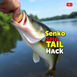 A captivating thumbnail in 1920x1080 resolution showcasing a close-up shot of a large bass being held by a fisherman, with the Bait Worm clearly visible in the fish's mouth