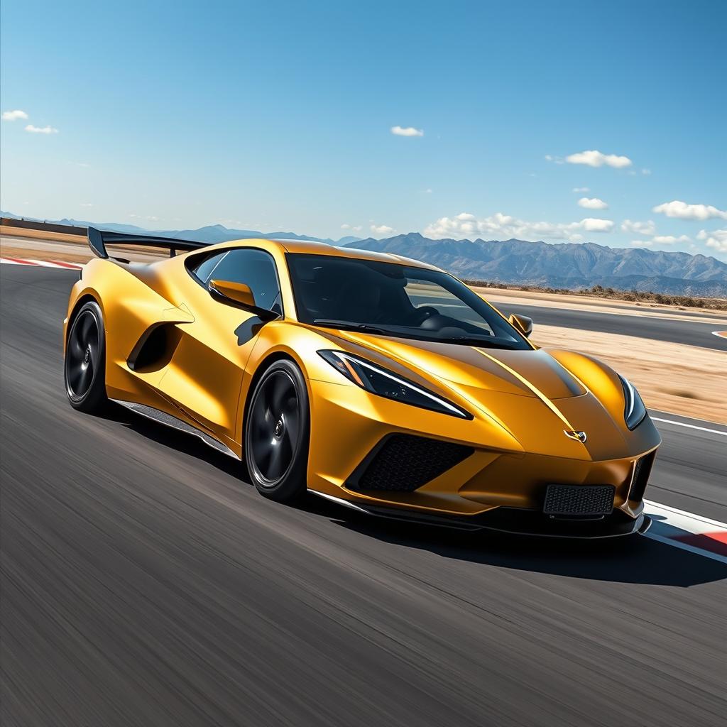 A striking visual that seamlessly fuses the bold and sporty design of the Corvette C8 with the elegant and modern features of the Genesis GV80 coupe, resulting in a magnificent 4-door crossover utility vehicle (CUV) in a captivating matte gold finish