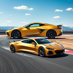 A striking visual that seamlessly fuses the bold and sporty design of the Corvette C8 with the elegant and modern features of the Genesis GV80 coupe, resulting in a magnificent 4-door crossover utility vehicle (CUV) in a captivating matte gold finish