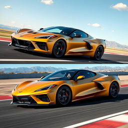 A striking visual that seamlessly fuses the bold and sporty design of the Corvette C8 with the elegant and modern features of the Genesis GV80 coupe, resulting in a magnificent 4-door crossover utility vehicle (CUV) in a captivating matte gold finish