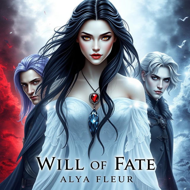 An aesthetic cover for a fantasy book titled "By the Will of Fate", authored by "Alya Fleur"