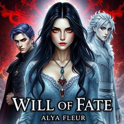 An aesthetic cover for a fantasy book titled "By the Will of Fate", authored by "Alya Fleur"