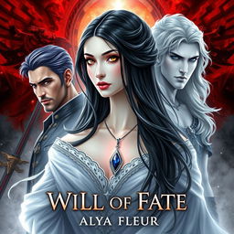 An aesthetic cover for a fantasy book titled "By the Will of Fate", authored by "Alya Fleur"