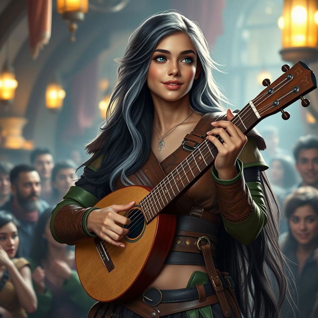 A young but mature-looking half-elf bard with long black hair streaked with white, soft green eyes, and a gentle smile