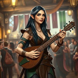 A young but mature-looking half-elf bard with long black hair streaked with white, soft green eyes, and a gentle smile