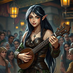 A young but mature-looking half-elf bard with long black hair streaked with white, soft green eyes, and a gentle smile