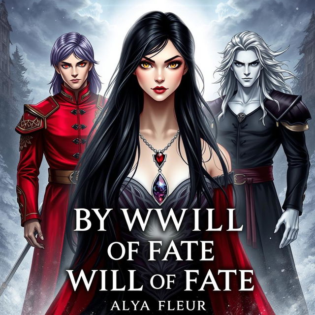 An aesthetic cover for a fantasy book titled "By the Will of Fate", authored by "Alya Fleur"