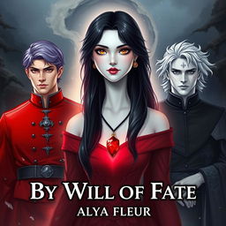 An aesthetic cover for a fantasy book titled "By the Will of Fate", authored by "Alya Fleur"