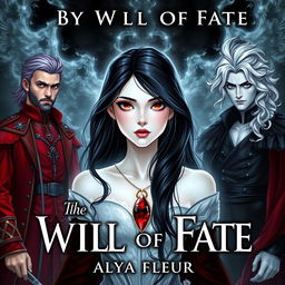 An aesthetic cover for a fantasy book titled "By the Will of Fate", authored by "Alya Fleur"