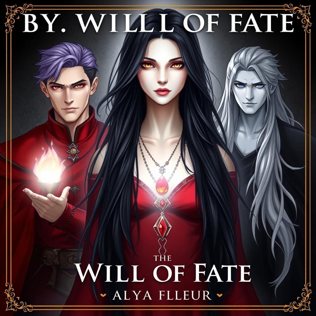 An aesthetic cover for a fantasy book titled "By the Will of Fate", authored by "Alya Fleur"