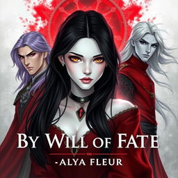 An aesthetic cover for a fantasy book titled "By the Will of Fate", authored by "Alya Fleur"