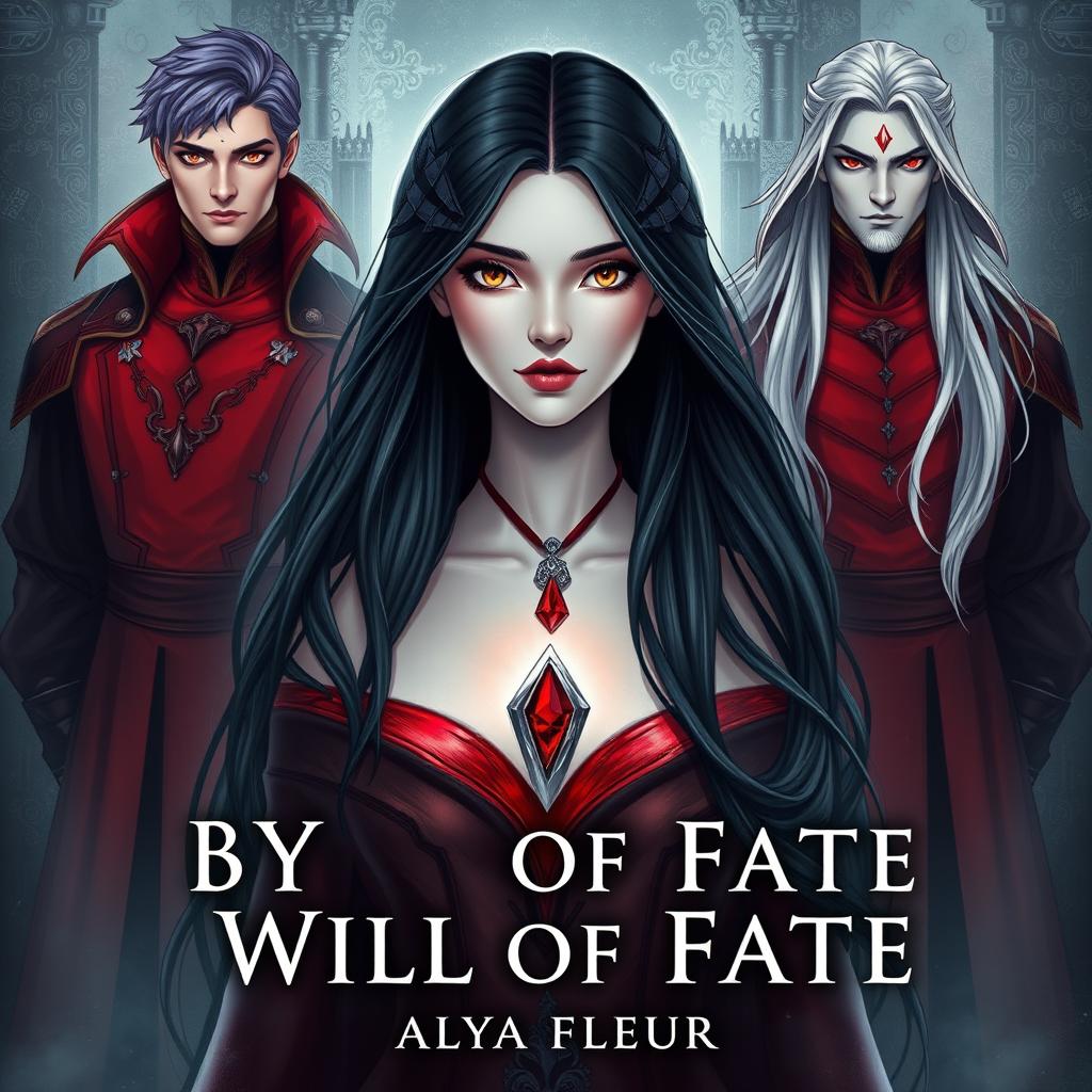 An aesthetic cover for a fantasy book titled "By the Will of Fate", authored by "Alya Fleur"