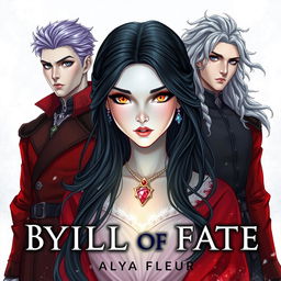 An aesthetic cover for a fantasy book titled "By the Will of Fate", authored by "Alya Fleur"