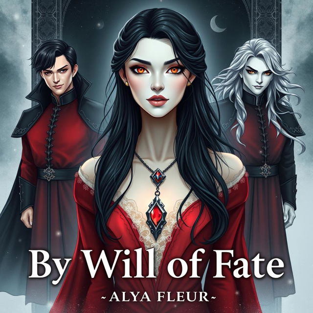 An aesthetic cover for a fantasy book titled "By the Will of Fate", authored by "Alya Fleur"