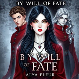 An aesthetic cover for a fantasy book titled "By the Will of Fate", authored by "Alya Fleur"