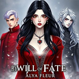 An aesthetic cover for a fantasy book titled "By the Will of Fate", authored by "Alya Fleur"