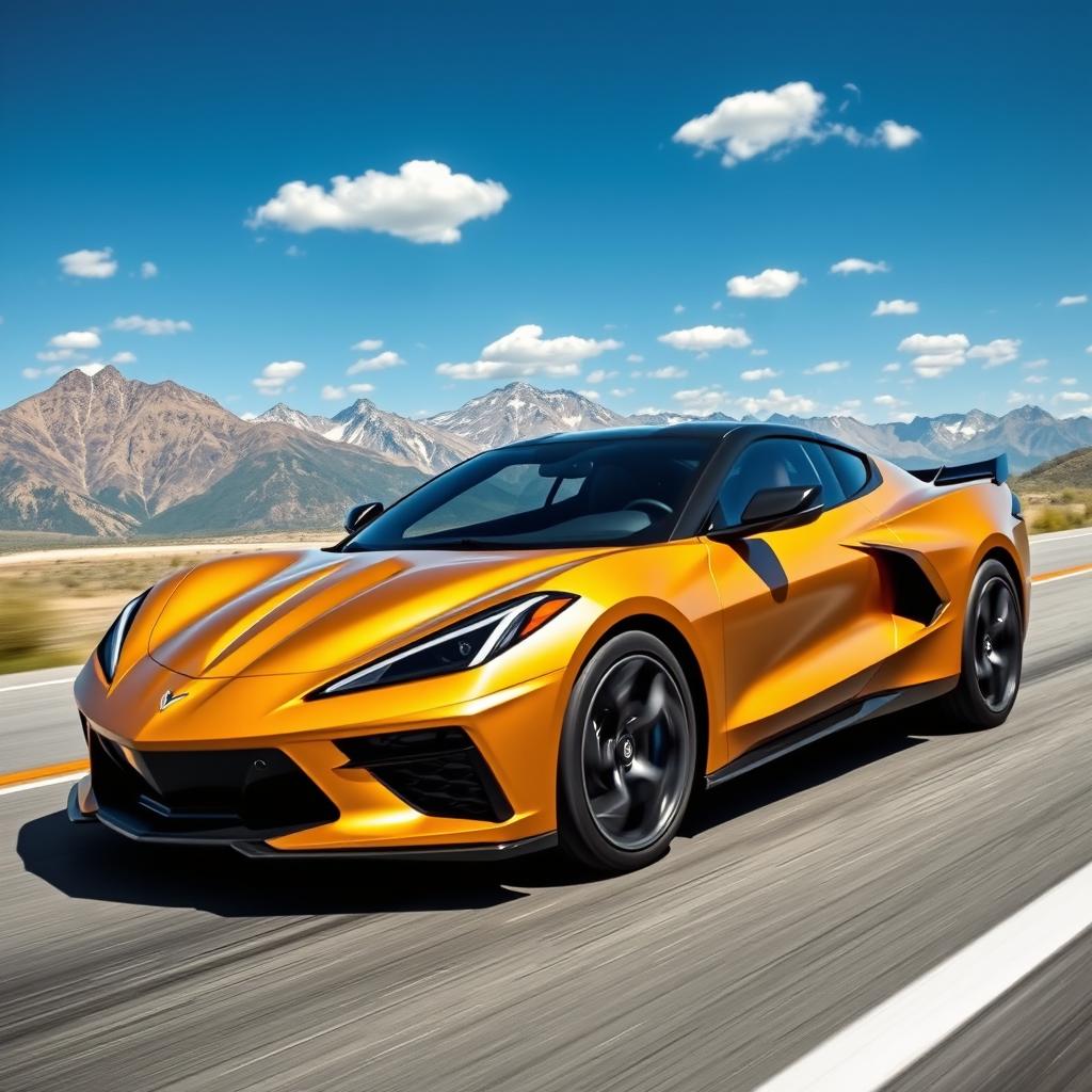 An imaginative fusion of the Corvette C8 and the Genesis GV80, resulting in a sleek and stylish 4-door crossover utility vehicle (CUV) with a luxurious matte gold finish