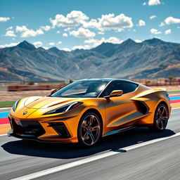 An exciting fusion of the Corvette C8 and the Ford Mach-E, resulting in a stunning 4-door crossover utility vehicle (CUV) with a modern and sporty design in a striking matte gold finish