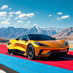 An exciting fusion of the Corvette C8 and the Ford Mach-E, resulting in a stunning 4-door crossover utility vehicle (CUV) with a modern and sporty design in a striking matte gold finish