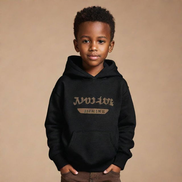 A handsome, dark-skinned boy with a beard. He's wearing a black hoodie with the name 'Jamine' written across the front, and brown boots.