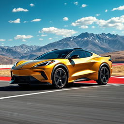 An exciting fusion of the Corvette C8 and the Ford Mach-E, resulting in a stunning 4-door crossover utility vehicle (CUV) with a modern and sporty design in a striking matte gold finish