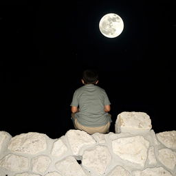 A boy sitting on a stone wall, gazing up at the moon and twinkling stars, deeply lost in thought