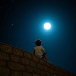 A boy sitting on a stone wall, gazing up at the moon and twinkling stars, deeply lost in thought