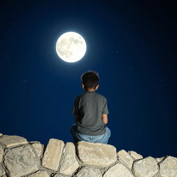 A boy sitting on a stone wall, gazing up at the moon and twinkling stars, deeply lost in thought