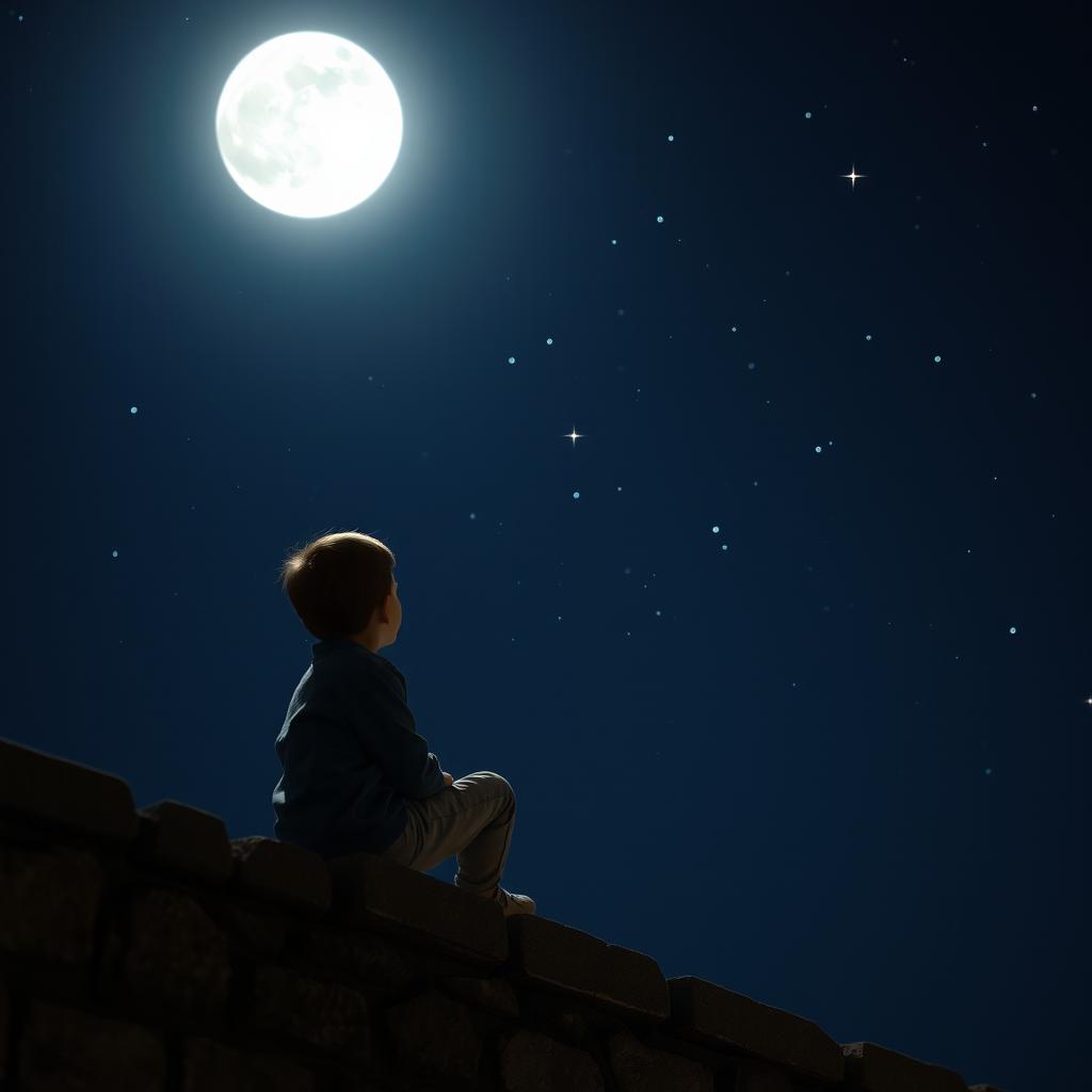 A boy sitting on a stone wall, gazing up at the moon and twinkling stars, deeply lost in thought