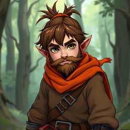 A male halfling rogue character, with hair styled in a knot and a scruffy beard, showcasing brown hair with reddish tints