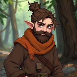 A male halfling rogue character, with hair styled in a knot and a scruffy beard, showcasing brown hair with reddish tints