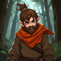 A male halfling rogue character, with hair styled in a knot and a scruffy beard, showcasing brown hair with reddish tints