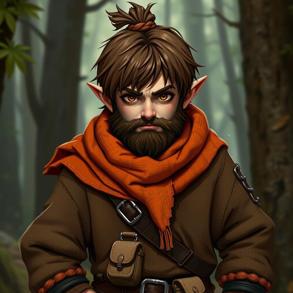 A male halfling rogue character, with hair styled in a knot and a scruffy beard, showcasing brown hair with reddish tints