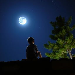 A boy sitting on a stone wall, gazing up at the moon and twinkling stars, deeply lost in thought