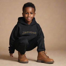 A handsome, dark-skinned boy with a beard. He's wearing a black hoodie with the name 'Jamine' written across the front, and brown boots.